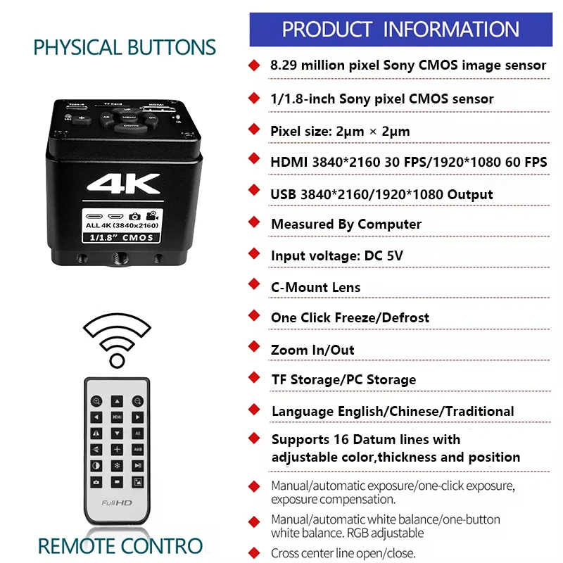 YIZHAN IMX678 Industrial Camera 4K Ultra HD HDMI Type-C Electronic Digital Microscope Accessories Freeze Contrast Repair Tools