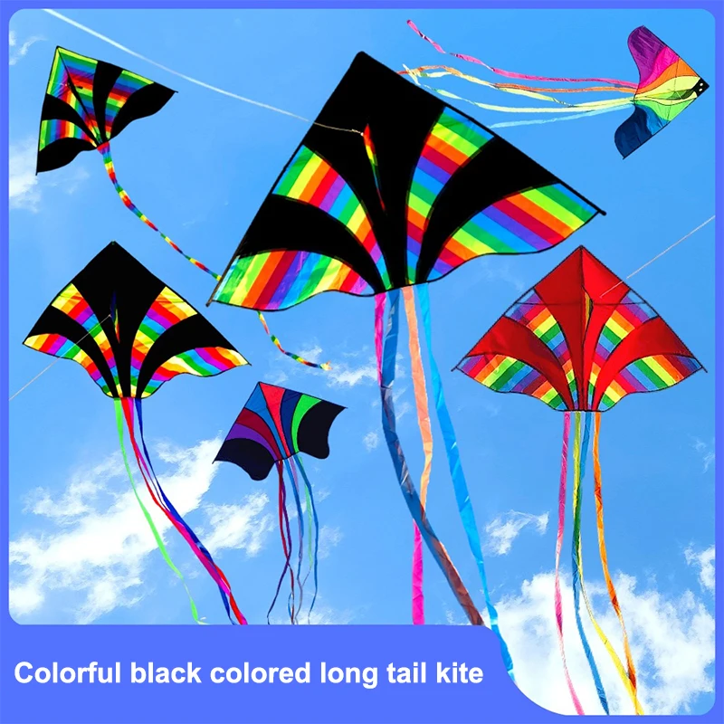 1 Piece New Outdoor Colorful Black Kite Fun Sports Multi Tailed Long Tail Triangle Rainbow Kite For Kids Beach Toys Good Flying