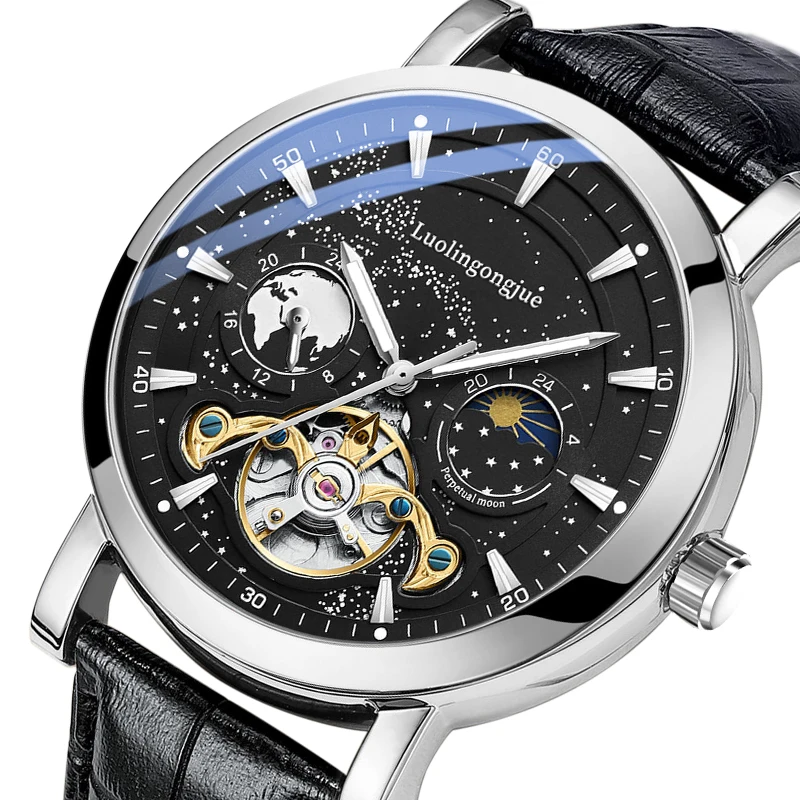 

Top-Tier Luxury High-End Business Men's Mechanical Watch, Automatic Winding, Round Dial, Leather Strap, European and American Style, High-End Feel, Light Luxury, Fashionable, Casual, Versatile, Stylish, Handsome, Social Guy Men's Watch, Starry Sky Watch, 