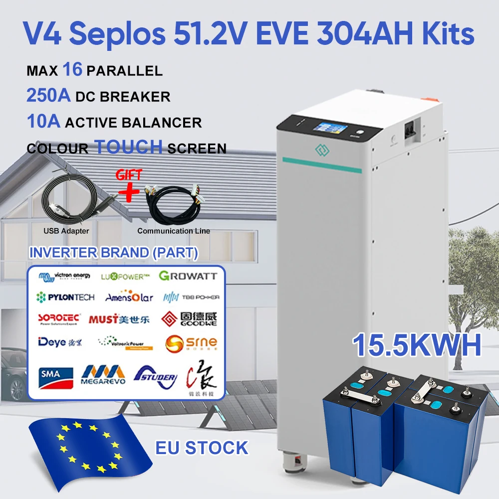 Poland Stock EVE304 15.5KWH V4 Seplos Lifepo4 Battery Kits Grade A+ Battery With 10A Active Balancer Home Solar Free Shipping EU