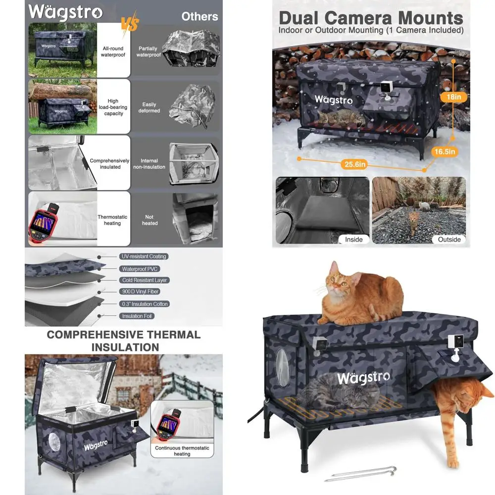 

Умная камера для домашних животных, повышенный изолированный уличный кошачий домик с аварийной дверью для ферлов, камуфляж черный, 25,6x16,5x18