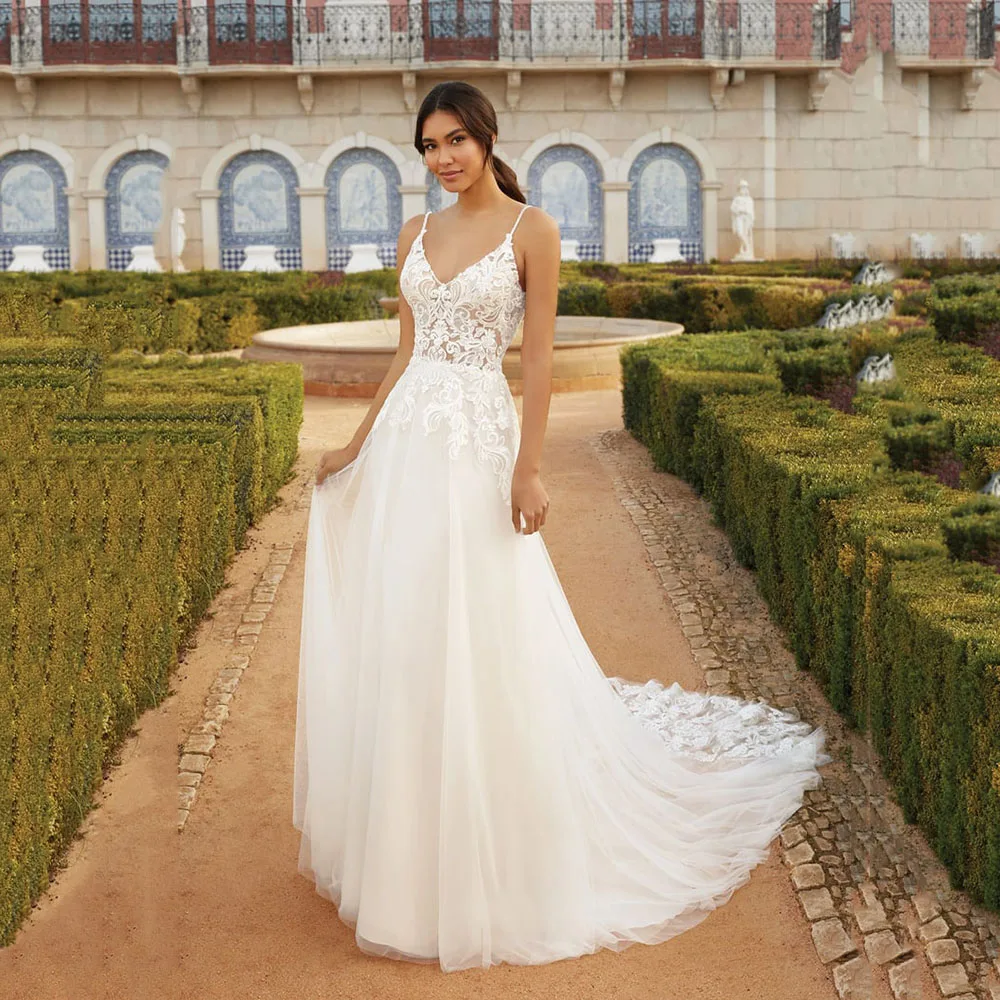 

Msikoods Lace Appliques A Line Wedding Dresses Boho Illusion Backless Spaghetti Strap Bridal Gown Luxury Bridal Dress Customized