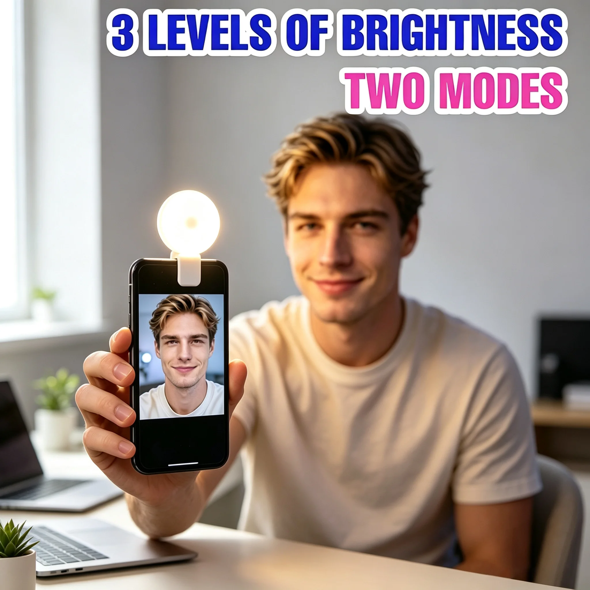 Clip LED Selfie Fill Light 3 Brightness 2 Modes USB Rechargeable Mini Ring Lamp For Mobile Live Vlog Makeup Self Portrait Shoot