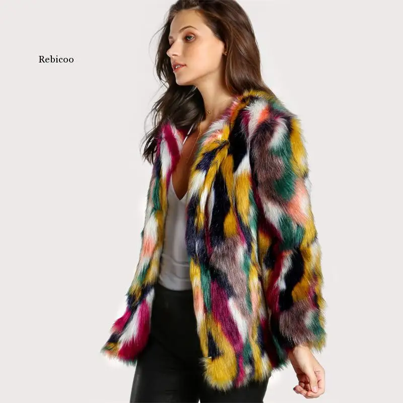 Winter Fashion Multi Color Warm Faux Fur Coat Large Loose Long Sleeves Matching Outwear Jackets for Women