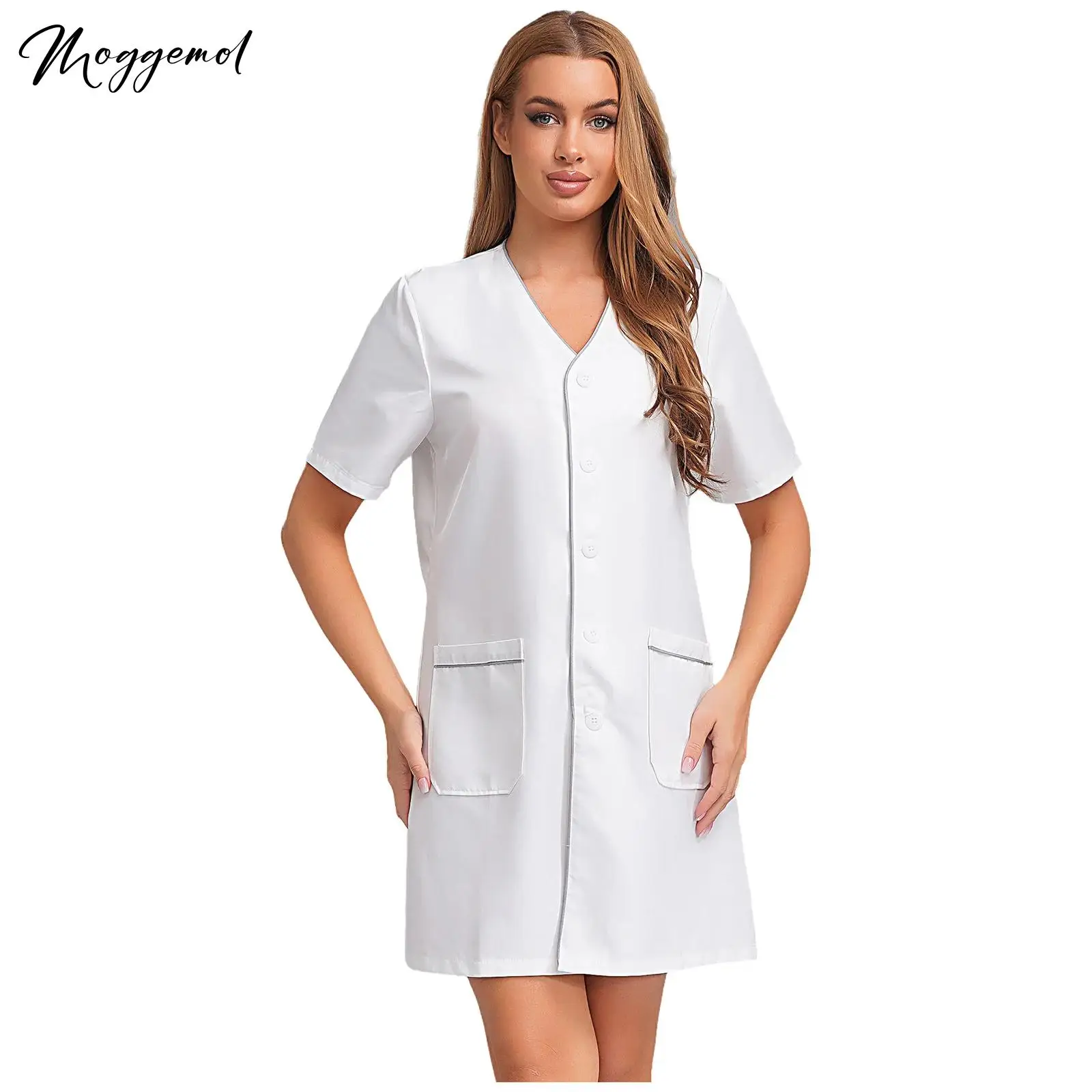 Vêtements de travail pour esthéticienne pour femmes, col en V, manches courtes, poches sur le devant, blouse de laboratoire, Salon de beauté, tatouage, robe de travail pour artiste