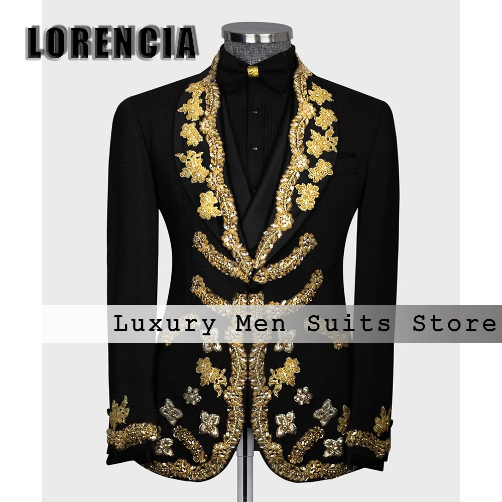 

Sparkly Beading Applique Man Suits 3 Pieces Crystal Glitter Tuxedos Wedding Groom Customized Blazer Pants roupas masculinas