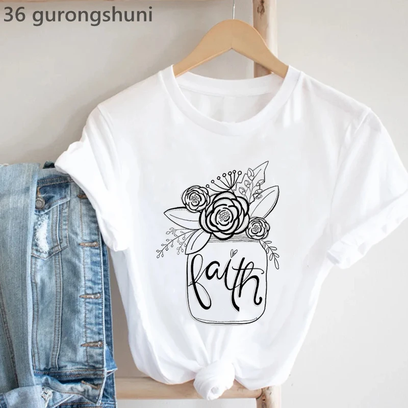 Camiseta con estampado de flores de fe para mujer, camiseta informal blanca para mujer, camiseta de manga corta para mujer, camiseta Harajuku para mujer 2022