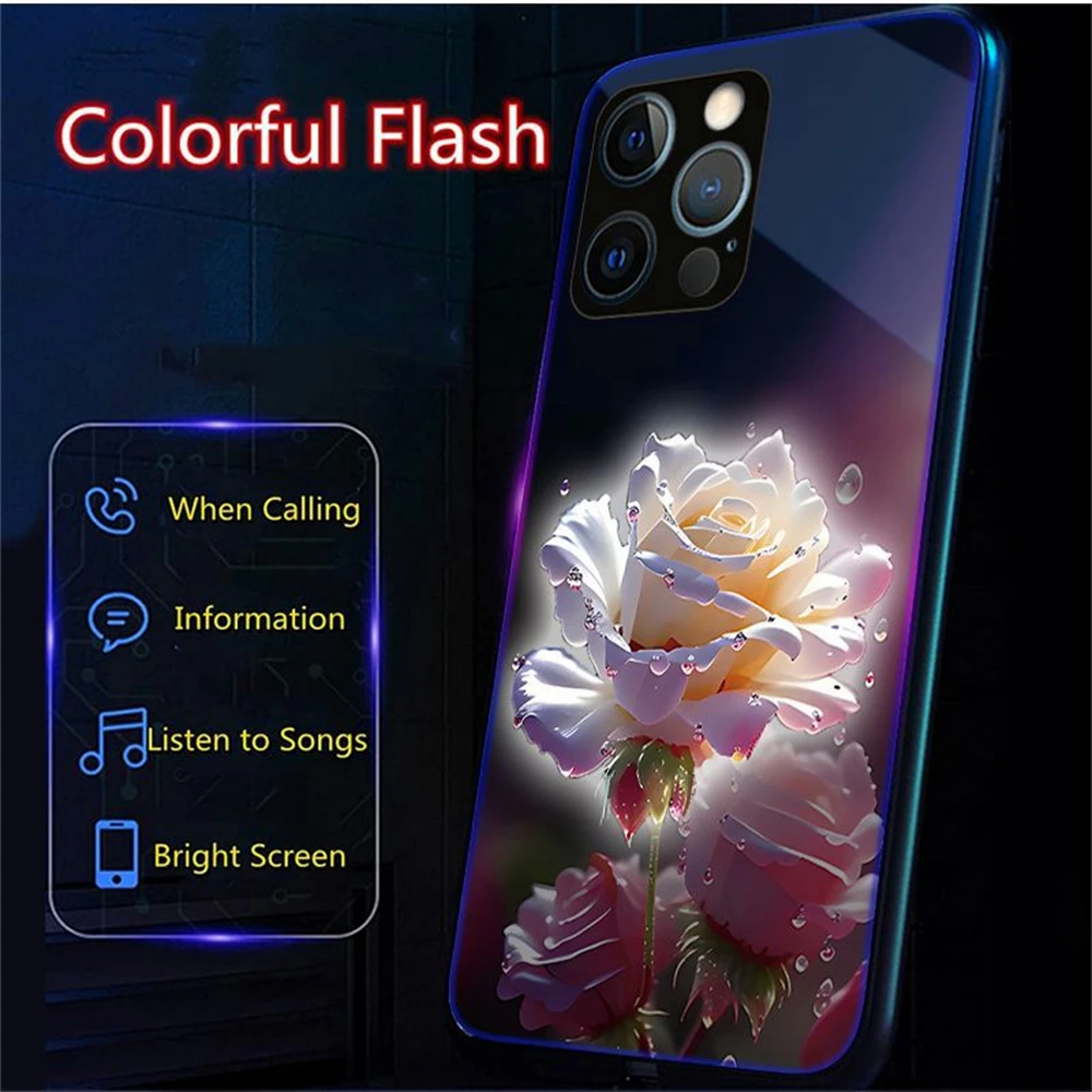 

Чехол для телефона из закаленного стекла с цветной розой и светодиодной подсветкой для iPhone 16, E, 15, 14, 13, 12, 11 Pro Max X XS XR SE2020