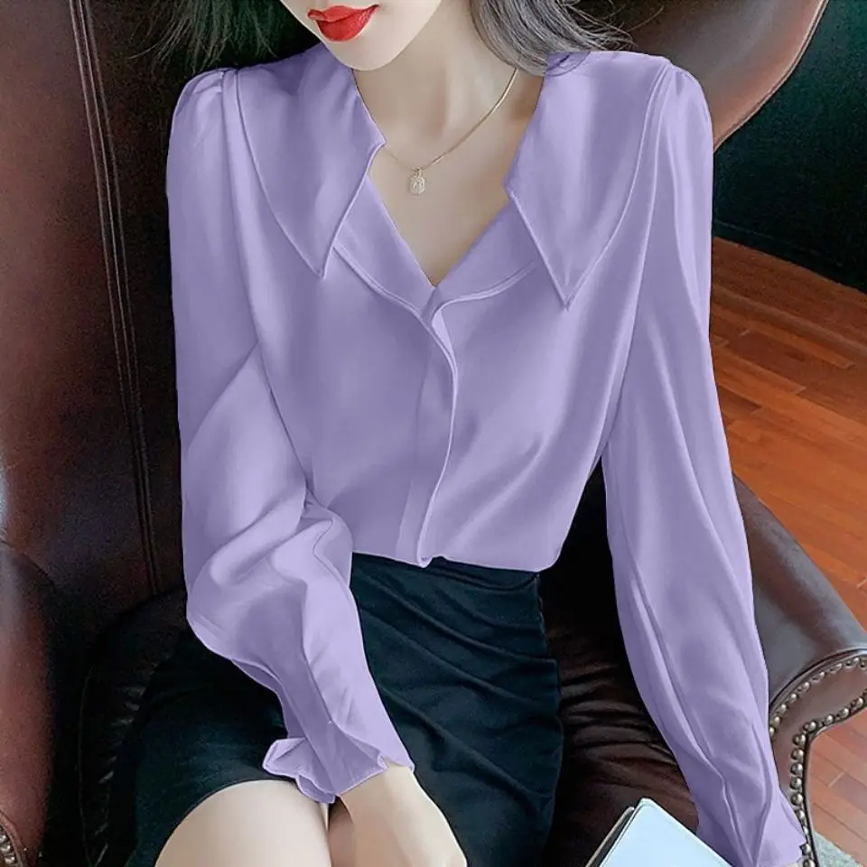 Temperament Chiffon Blouse Spring Autumn Fashion Ruffles V-neck Long Sleeve Women\'s Shirt Simplicity Pullover Turn-down Collar