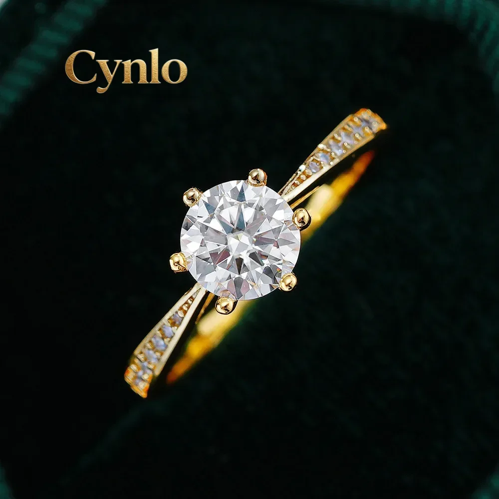 Cynlo Jewelry Luxury 100% Real 18k Gold Ring Women's Six-claw Diamond Ring 6.5mm Round 1ct 1 karat Moissanite Wedding Ring