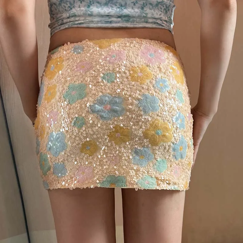 

Spring Fashion Flower Print Sequin Skirts for Women Sexy High Waist Slim Hips Short Skirt Summer Chic Clubwear Party Mini Skirts