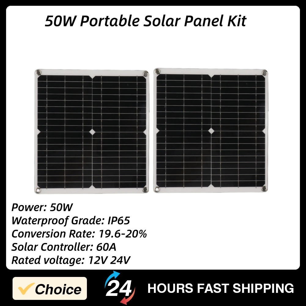 

50W Portable Solar Panel Kit 60A Solar Charge Controller Set Monocrystalline Silicon Solar Panel IP65 Waterpoof Dual USB Ports
