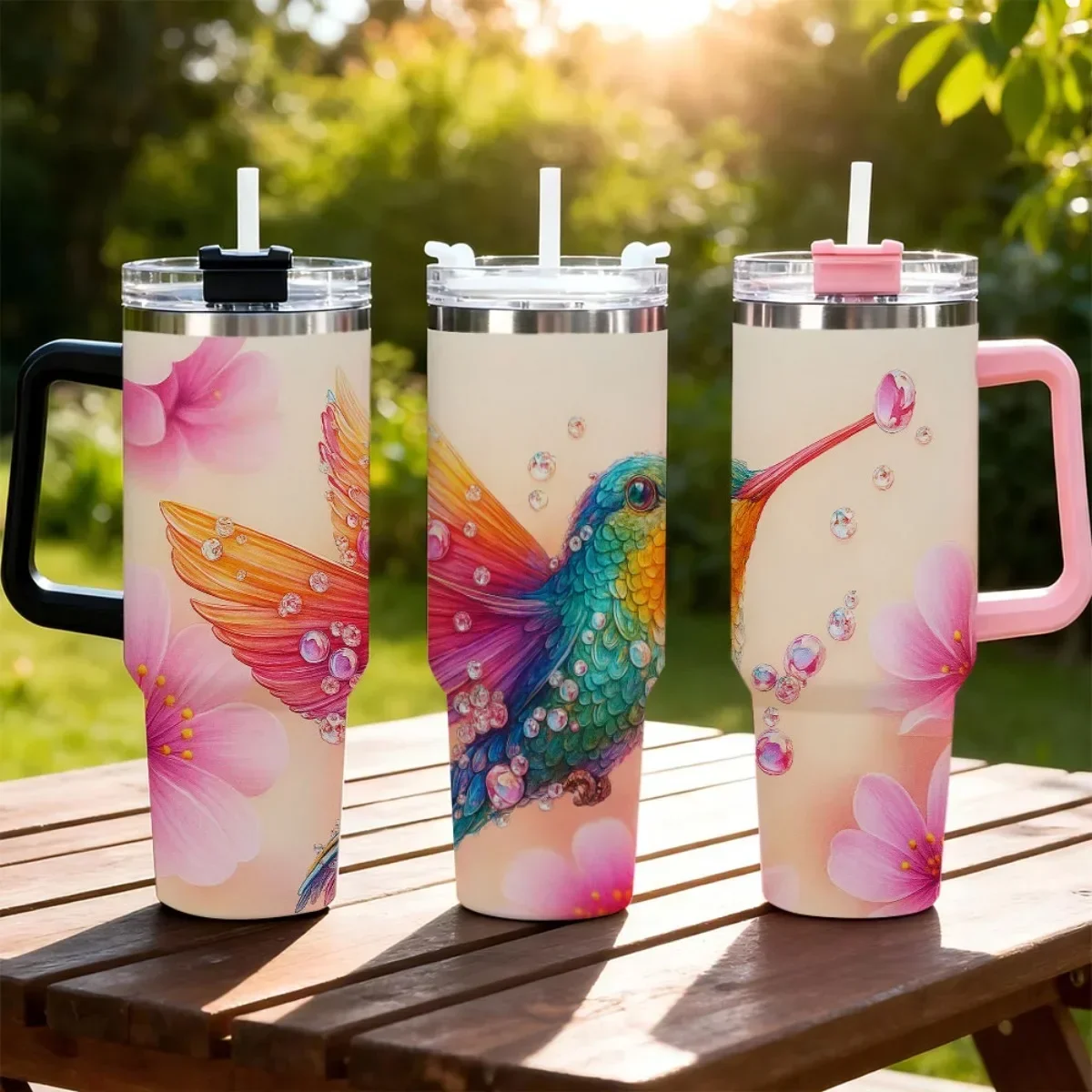 1pc 40oz Tumbler With Handle Lid Straw, Colorful Hummingbird Pink Floral Print Stainless Steel Insulated Travel Mug, **Only Black & White Handle Available, Pink Handle Not Included**, Reusable Hot Cold Beverage Cup For Car Office Women Gift