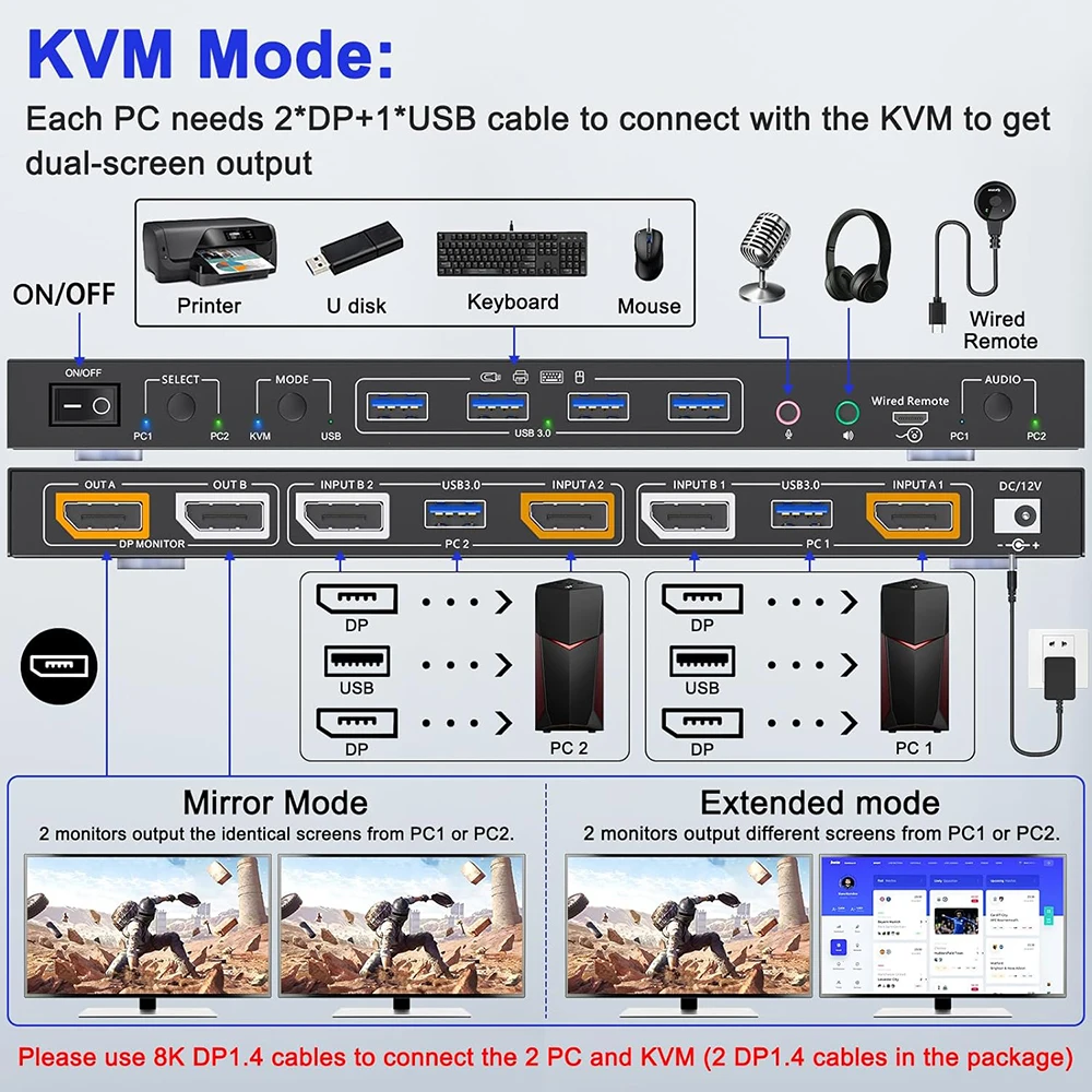 Przełącznik KVM 2 DP 1.4 8K Monitory Stacja dokująca Rozdzielacz koncentratora USB 2 Komputer Laptop Komputery stacjonarne Akcesoria Selektor