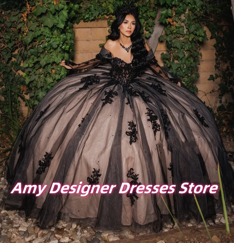 

Charming Black Quinceanera Dress For Mexico Girls Exquisite Sequin Applique Temperament Princess Dress Luxurious Customized