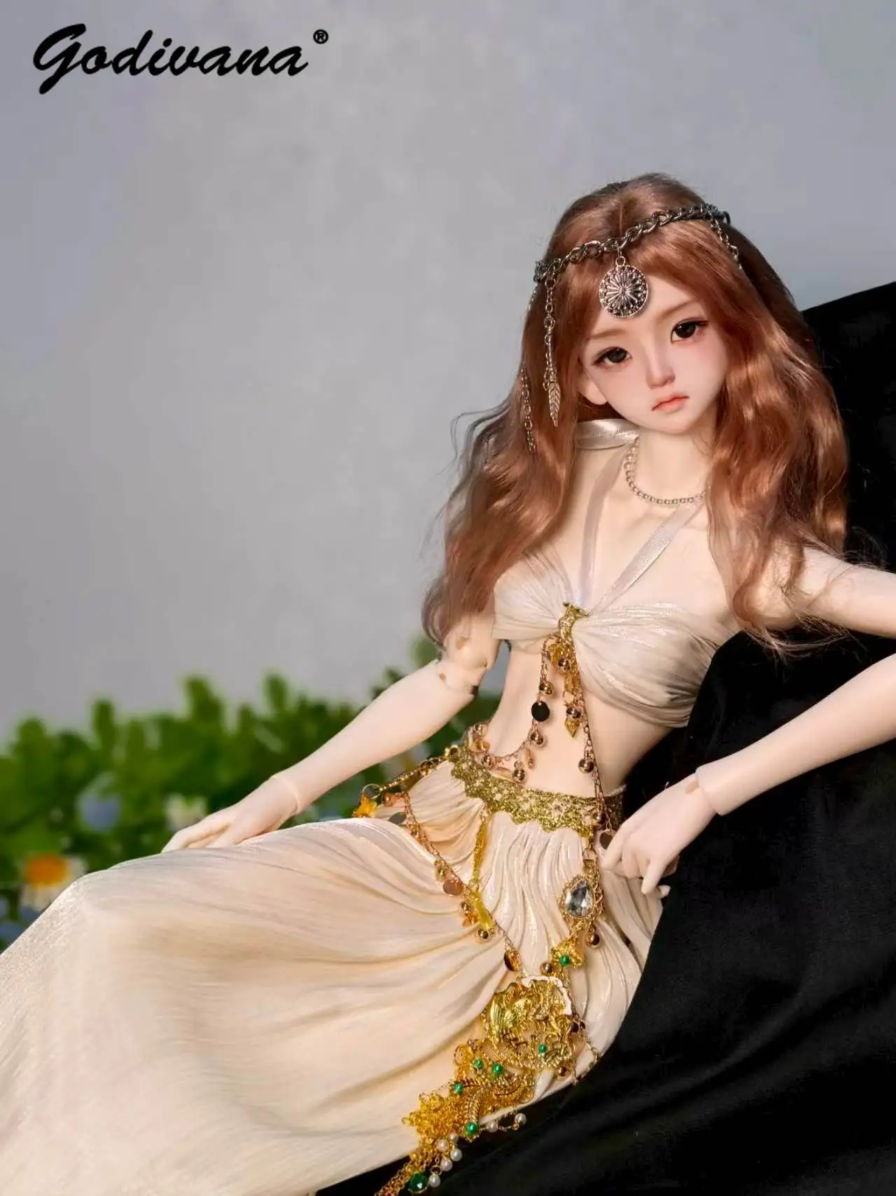 Vintage Exotic Bohemian Goddess Gown for 1/3 BJD Doll Gold Halter Bustier with Layered Chain Belt Elegant Chiffon Maxi Dress