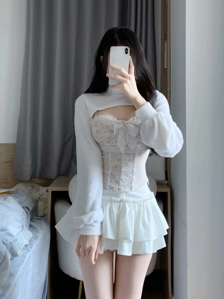 Korean Fashion White Skirt Sets Women Casual Slim Crop Tops + Sexy Y2K Lace Vest + Sweet Party Kawaii Mini Skirt 2024 Spring