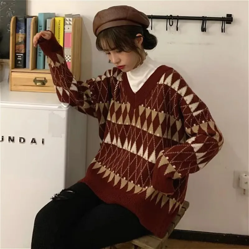 Sweaters Women Vintage Argyle Korean All-match Chic V-Neck Ladies Pullovers Student Lazy Style Popular Winter Womens Sweater New