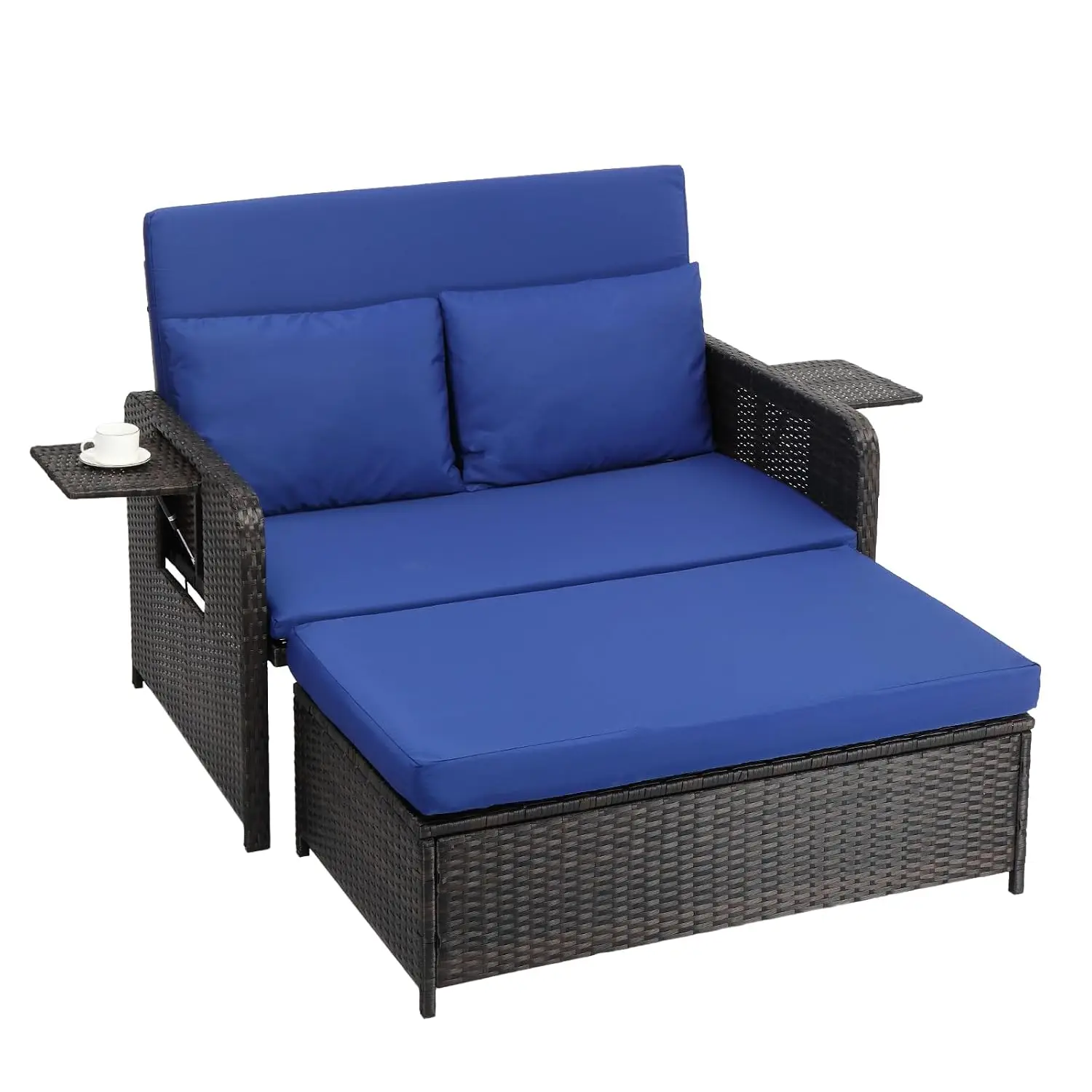 Patio Daybed, Wicker Outdoor Daybed With Storage Ottoman & 5-Level Adjustable Backrest, All-Weather Rattan, Customized