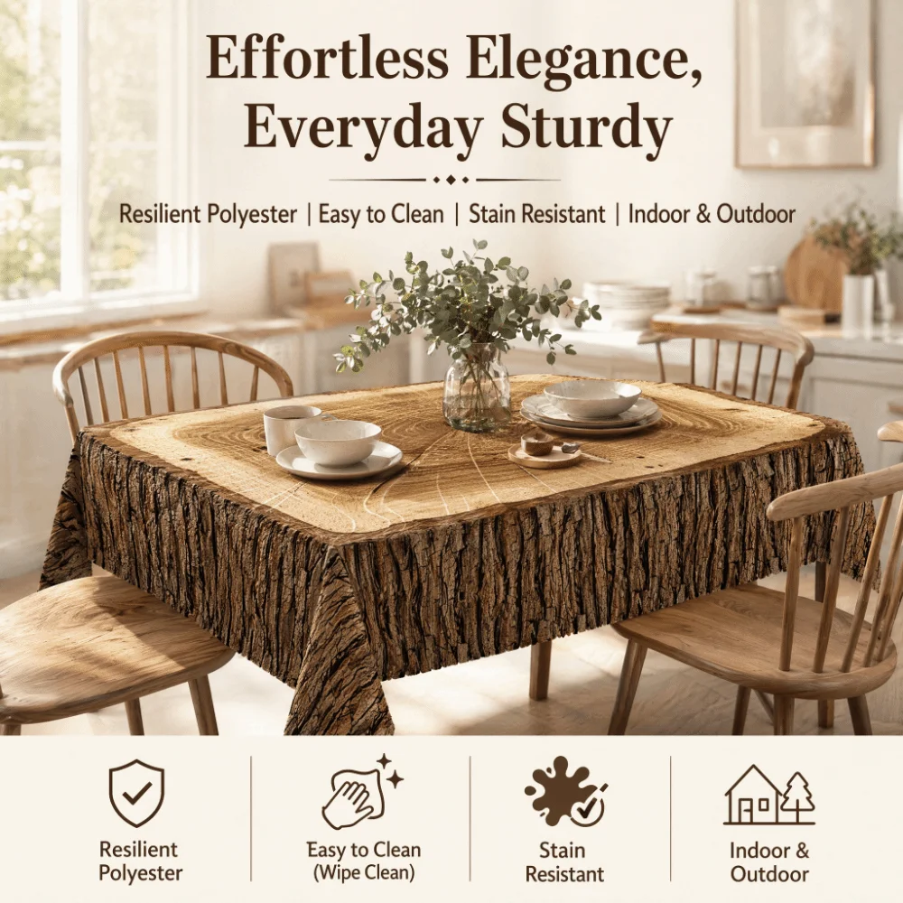 Rustic Log Pattern Rectangular Tablecloth Wood Grain Printed Washable Polyester Table Cloth Universal Table Cover Dining Room