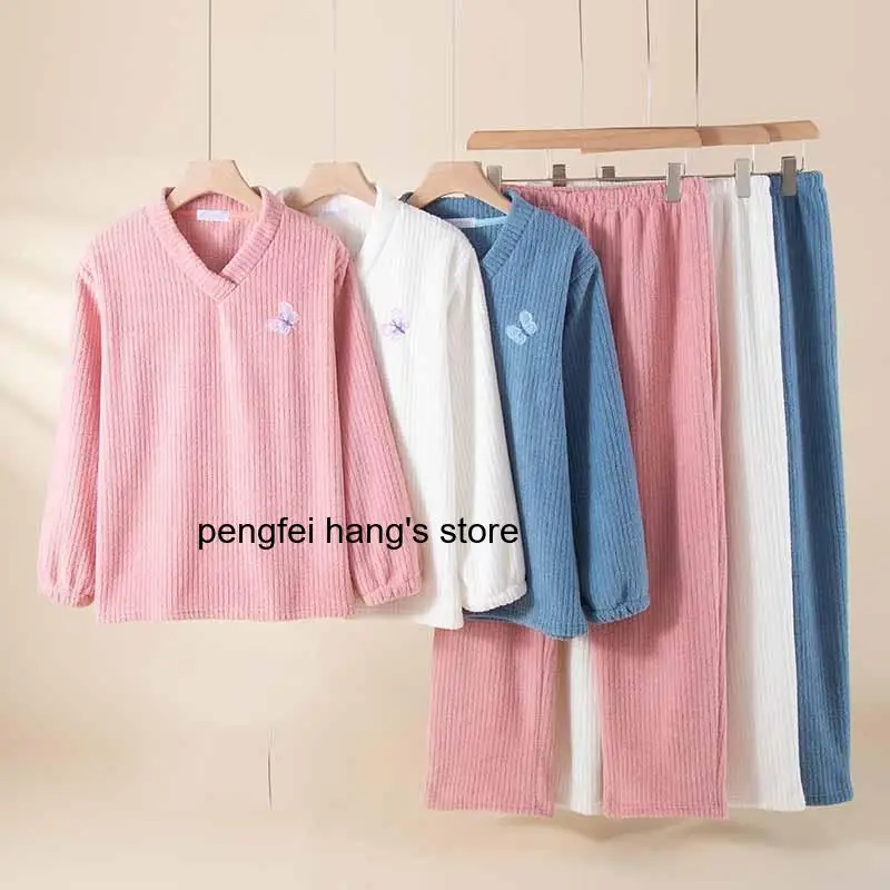 Women Thicken Soft Flannel Pajamas HomeWear Long Sleeves Warm Home Clothes Sleepwear 2 Pcs Shirt&pants Comfy Nightwear Sleep Set