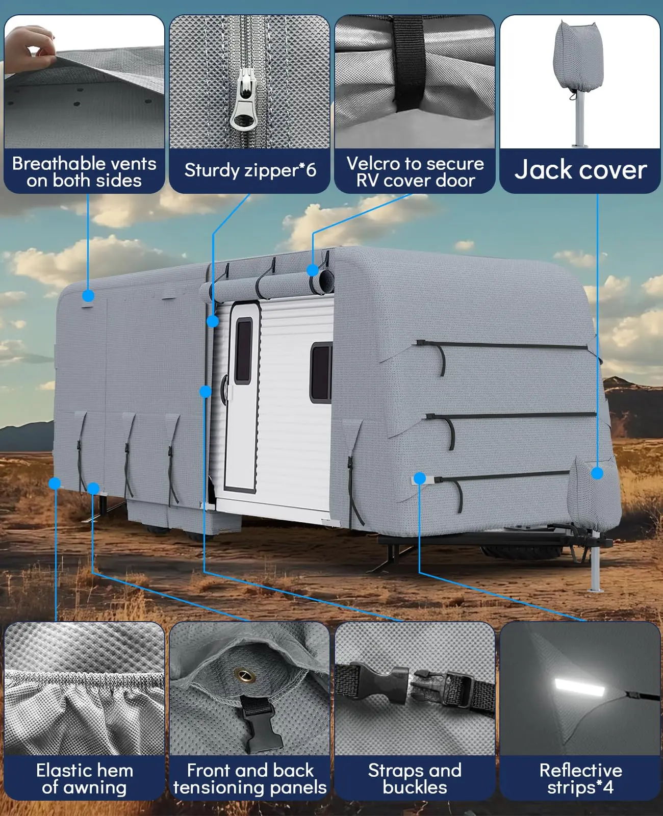 Heavy Duty 4-Layer Waterproof RV Cover for 18-24FT Travel Trailer – All-Weather Motorhome Protector with Zippered Door, Gutter, Straps, Tire Covers & UV Protection, Breathable, Windproof, Outdoor Storage