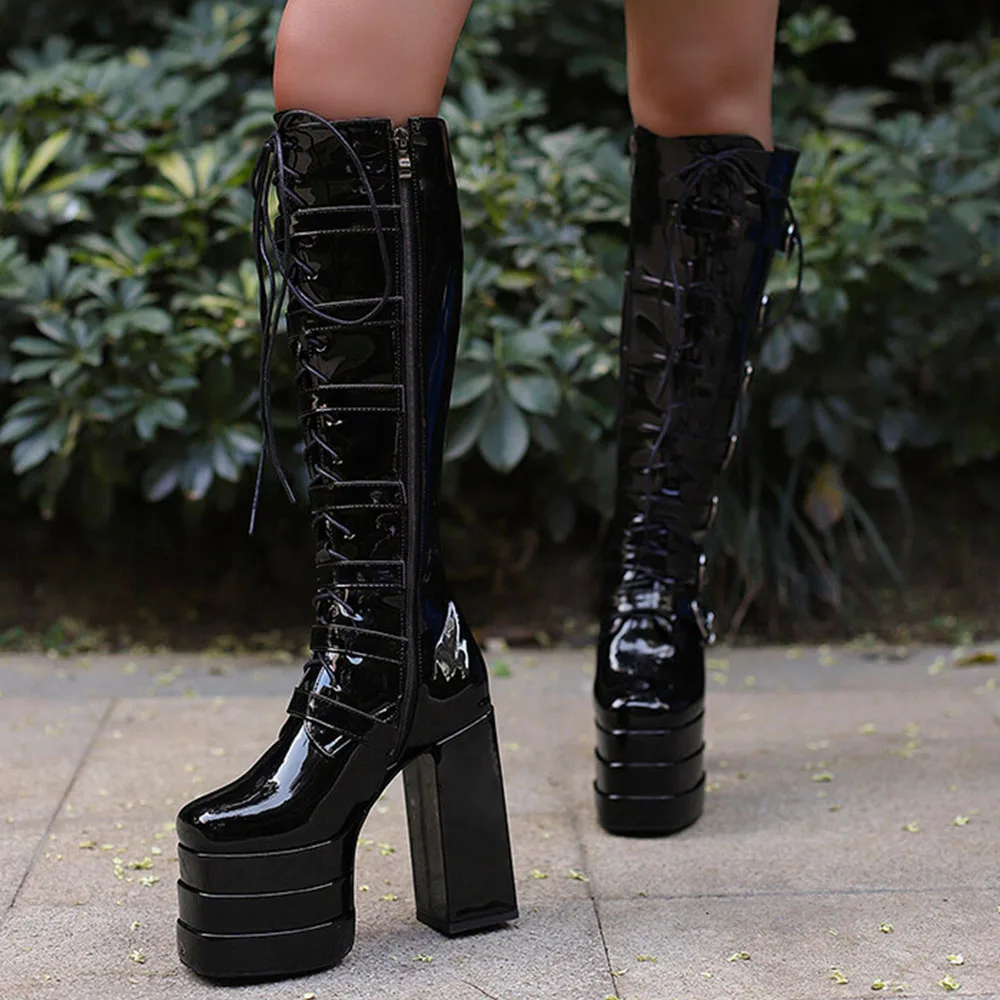 High Heeled Women Boots Heart Buckle Sassy Platform Shoes Lace Up Knee High Trendy Punk Goth Cool Designer 2023 New Winter Boots