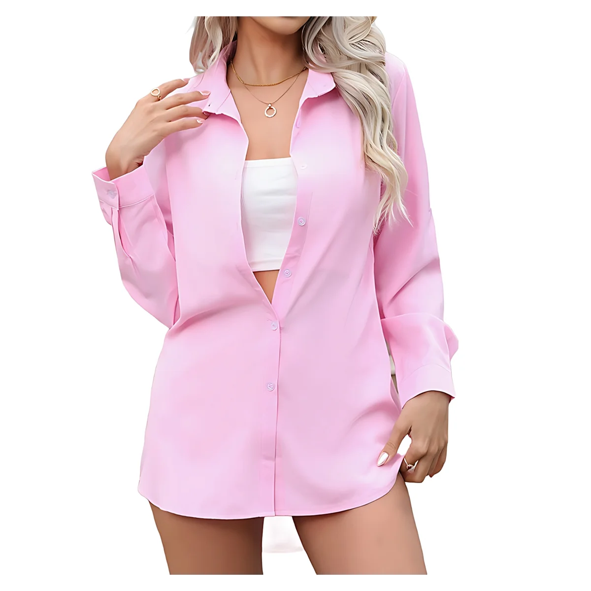 FZFZ المرأة تمتد زر أسفل قميص طويل الأكمام لينة الأساسية التجاعيد الحرة العمل الأعمال الرسمية عارضة بلوزة الوردي XXL