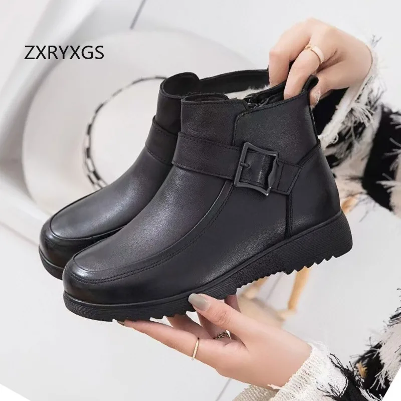 ZXRYXGS 2025 Nieuwe Mode Top Koeienhuid Winter Warme Snowboots Comfortabele Elegante Platte Laarzen Zwarte Schoenen Vrouwen Katoenen Laarzen