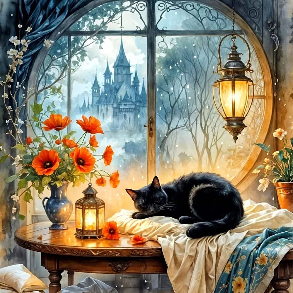 EverShine Diamant-Mosaik Katze Fenster DIY Stickerei Tier Vollbohr-Diamantkunst Malset Kätzchen Neuheiten Handgemachtes Geschenk
