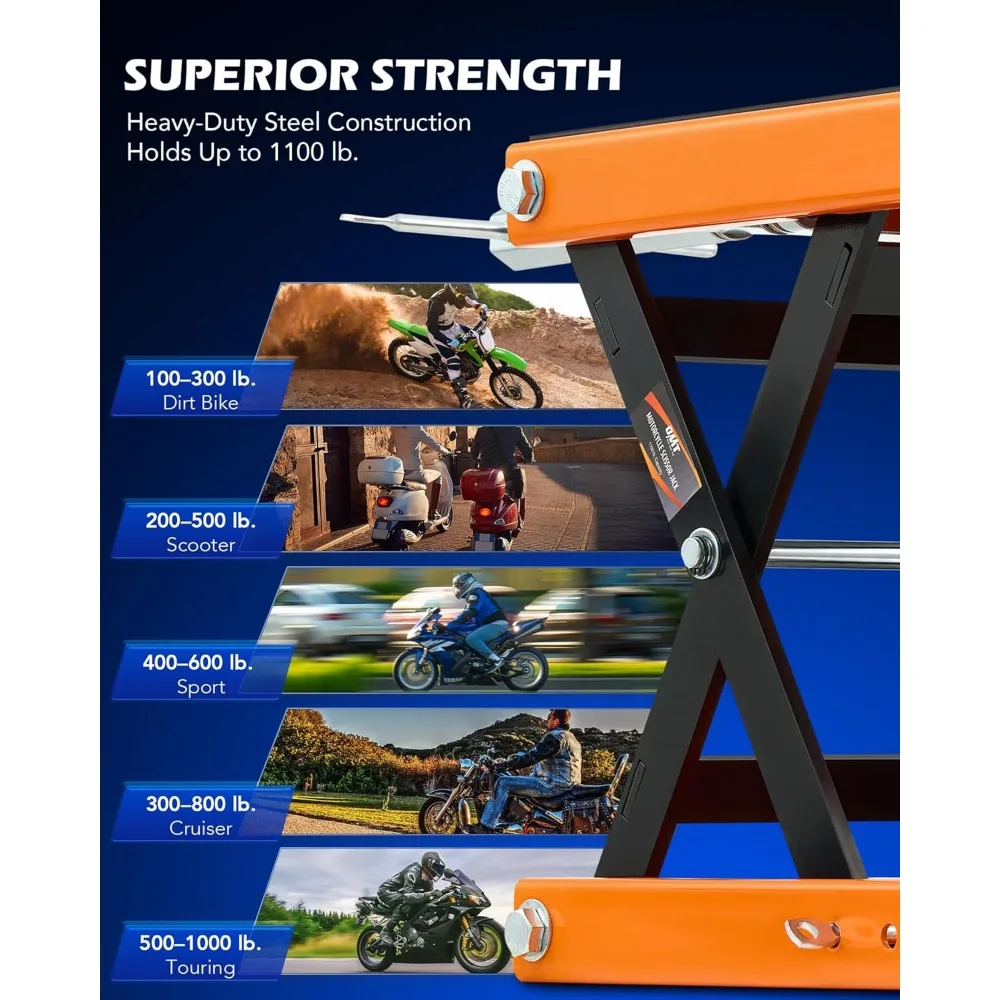 مقبس رفع مقص للدراجة النارية بسعة 1100 رطل، ومقبس واسع ومقبس على شكل حرف T، بما في ذلك دعم الحامل المركزي