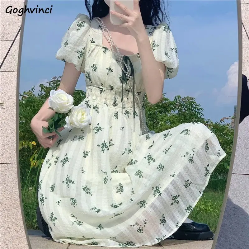 Estilo preppy midi vestido feminino manga puff adorável magro francês vintage floral vestido suave verão estética chique streetwear ootd