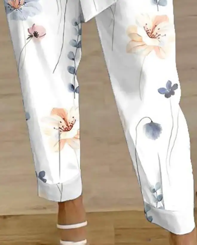 Elegant Women\'s Pants Trousers 2023 Summer Fashion Daily Commuter Floral Print Pocket Design High Waist Pant with Belt Trousers