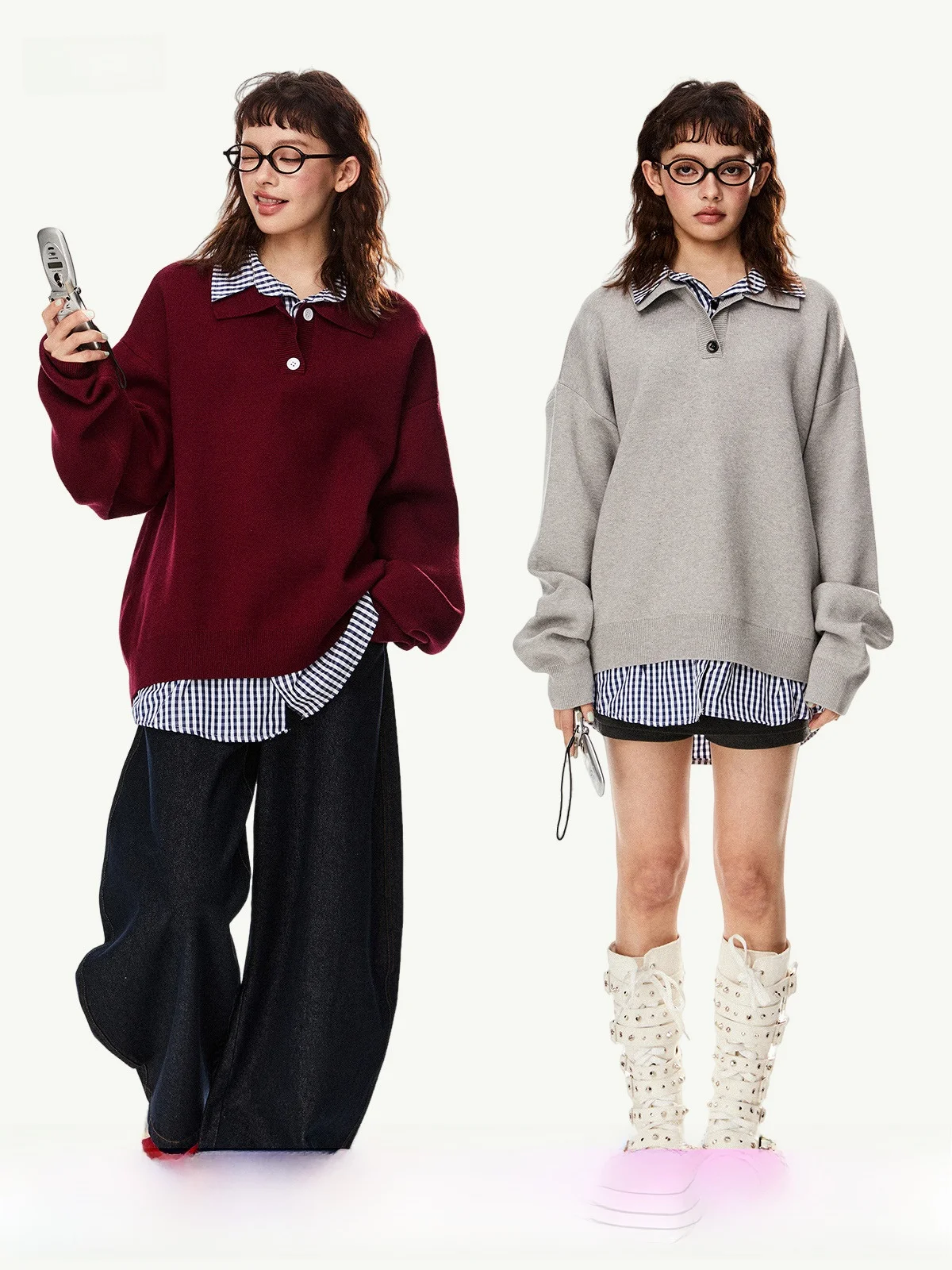 

American Retro Collar Knitted Sweater Women Loose Lazy Sle Patchwork Spring Design Casual Streetwear Long Sve Top