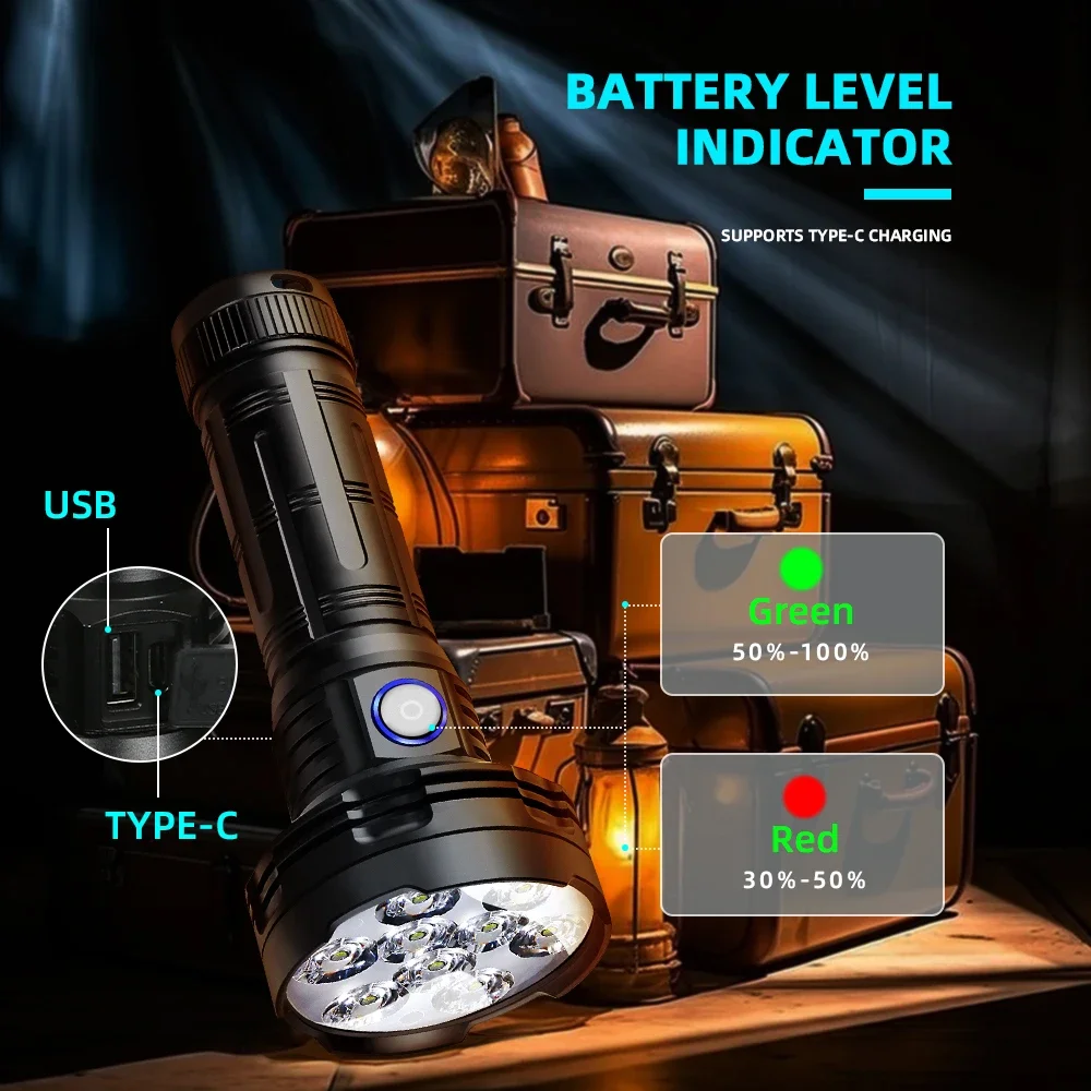 Potente linterna LED, linterna de aluminio de 100 lúmenes, carga tipo C, modo estroboscópico SOS, luz portátil de mano, rescate de búsqueda para caminar