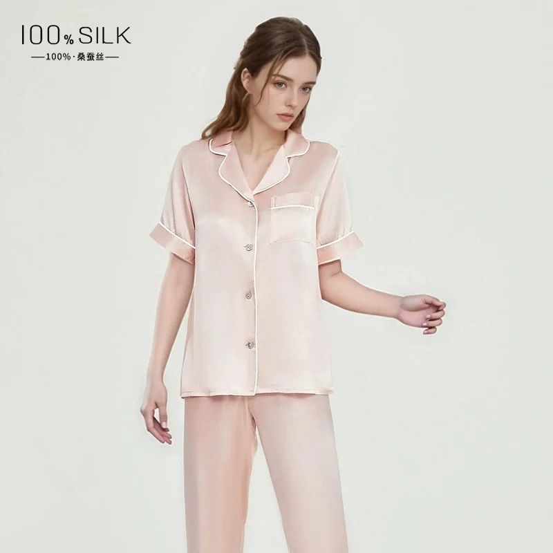 2025 Summer New Style Women's 19 Momme Heavyweight Silk Pajamas - 100% Mulberry Silk Short-sleeve and Long-pants Loungewear Set