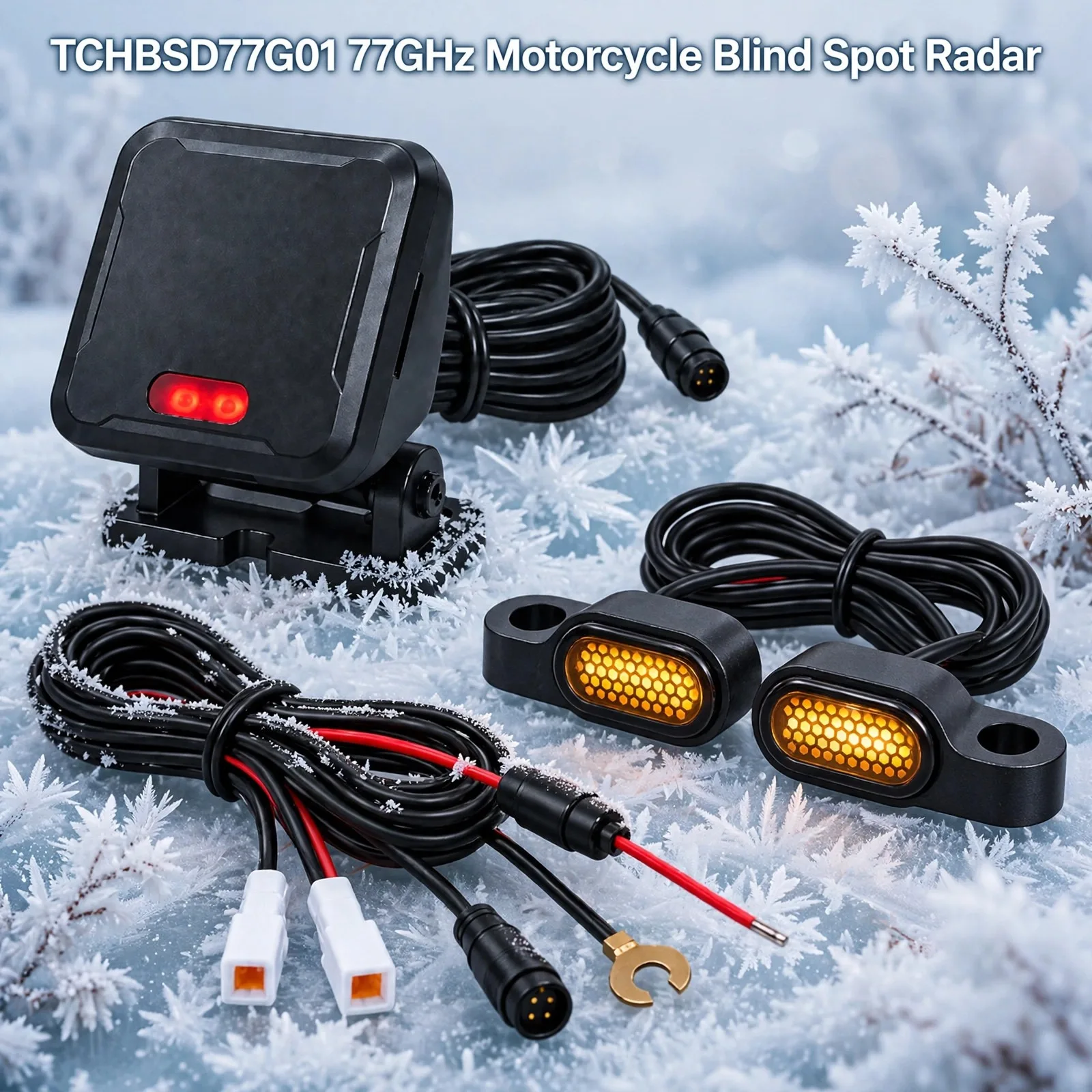 77GHz Motorcycle Blind Spot Radar – Frostbite Series, Dual Amber LED Mirror Indicators, BSD 8.4m / LCA 50m, IP67, 9–24V DC