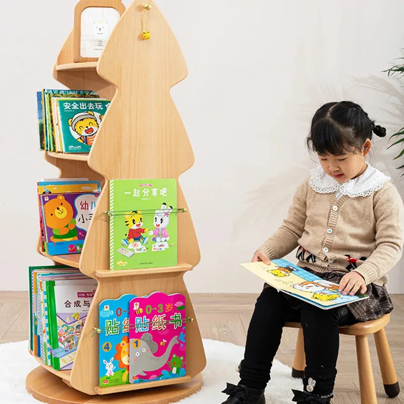 Children Bookshelf Picture Bookcases Solid Wood Storage Learn Multi-layer 360° Solid Wood Rotating Bookcase Furniture WKBC