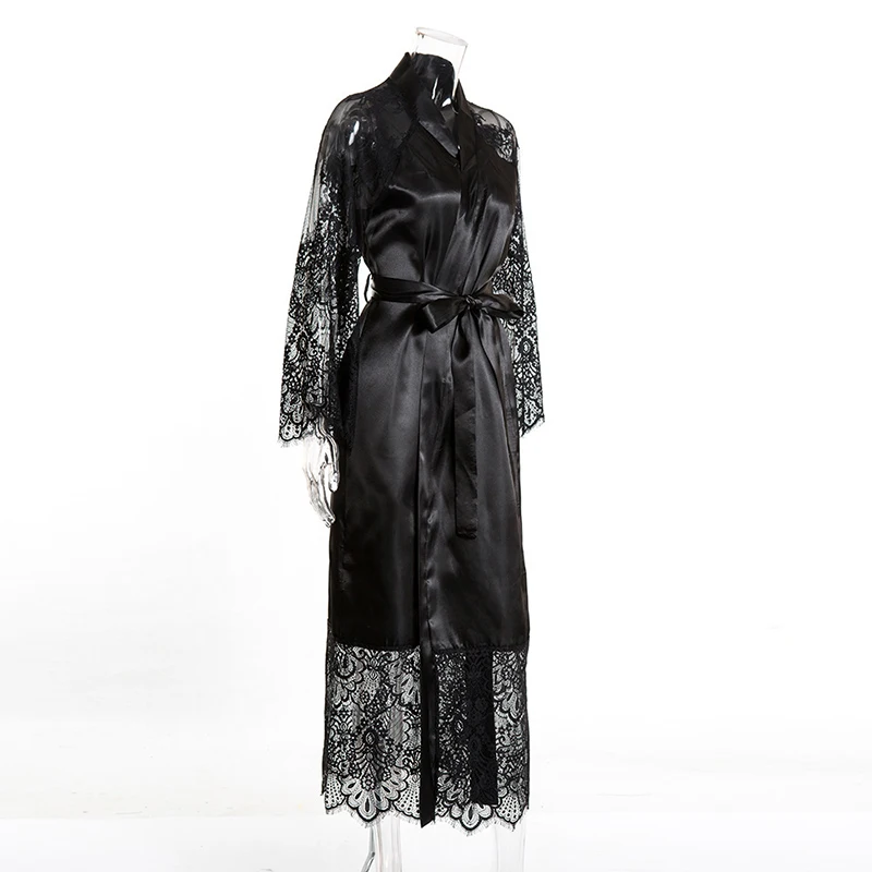 Sexy Female Robe Sleepwear Lace Long Sleeves Loungewear Women's Silk Nightgowns Hollow Sleeved Nightgown Bathrobe Home Wear