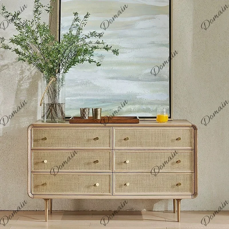 N80 Nordic Solid Wood Wicker 6 Drawer Dresser Modern Simple Storage Cabinet for Bedroom Living Room Entryway