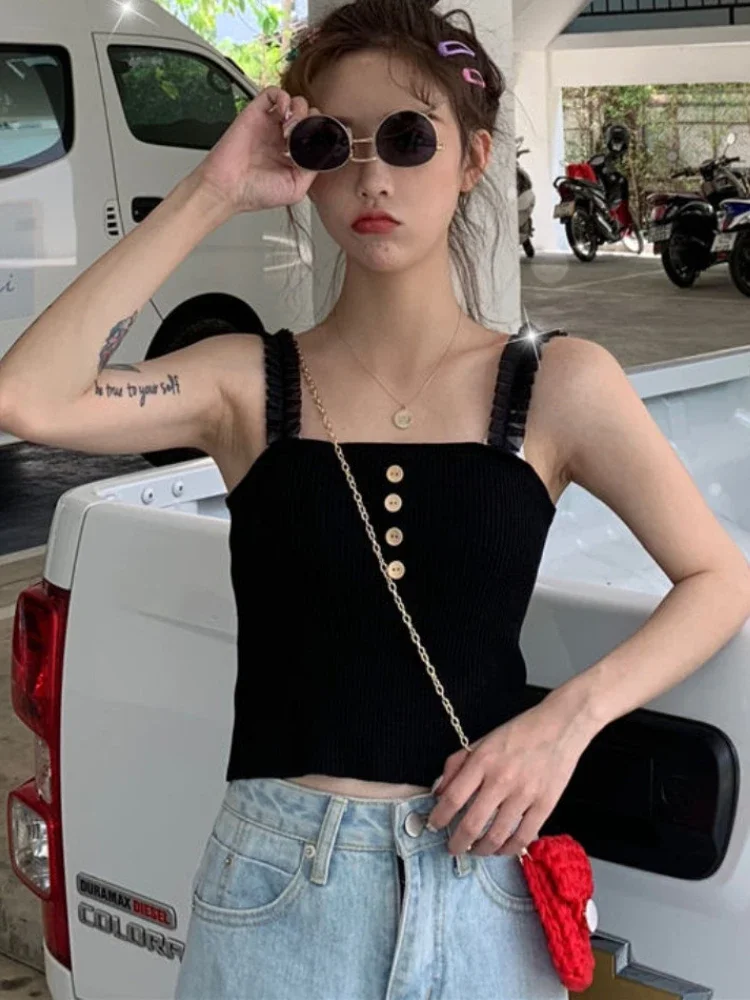 Tanks Women Pleated Solid Korean Style Leisure Popular Simple Streetwear All-match Comfortable Elegant Design Button Lacework