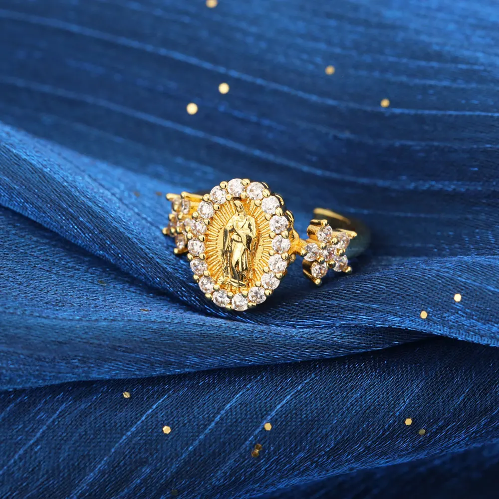 Geometric Shape Religious Women Ring Simple Versatile Plated Gold Copper Virgin Mary White Zircon Adjustable Ring
