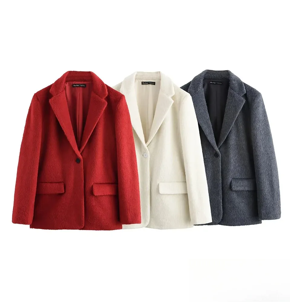 KONDALA レディース エレガント ファー風 ソフトブレザー ラペル フェイクファー ポケット付き 裏地付きブレザー 新作 2025 春秋冬 ファッション オフィスブレザー