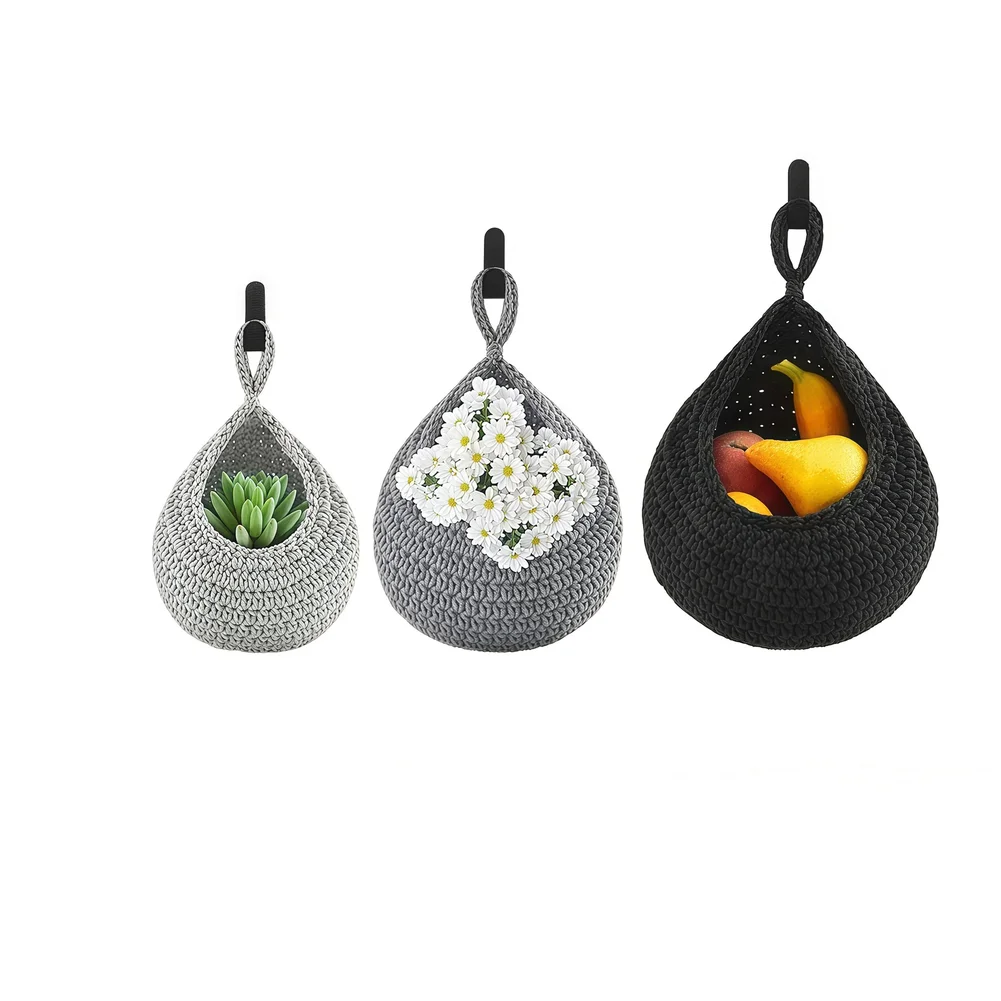 

3PCS Boho Hanging Storage Baskets Set Handmade Cotton Organizer Container Decor For Walls/cabinets/door Hooks Kitchen Tool