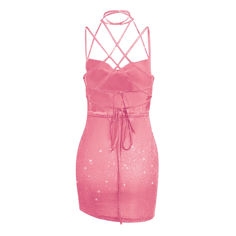 Sparkling Pink Backless Strappy Dress European And American Fashion Sexy Women's Clothing  JY22286PF