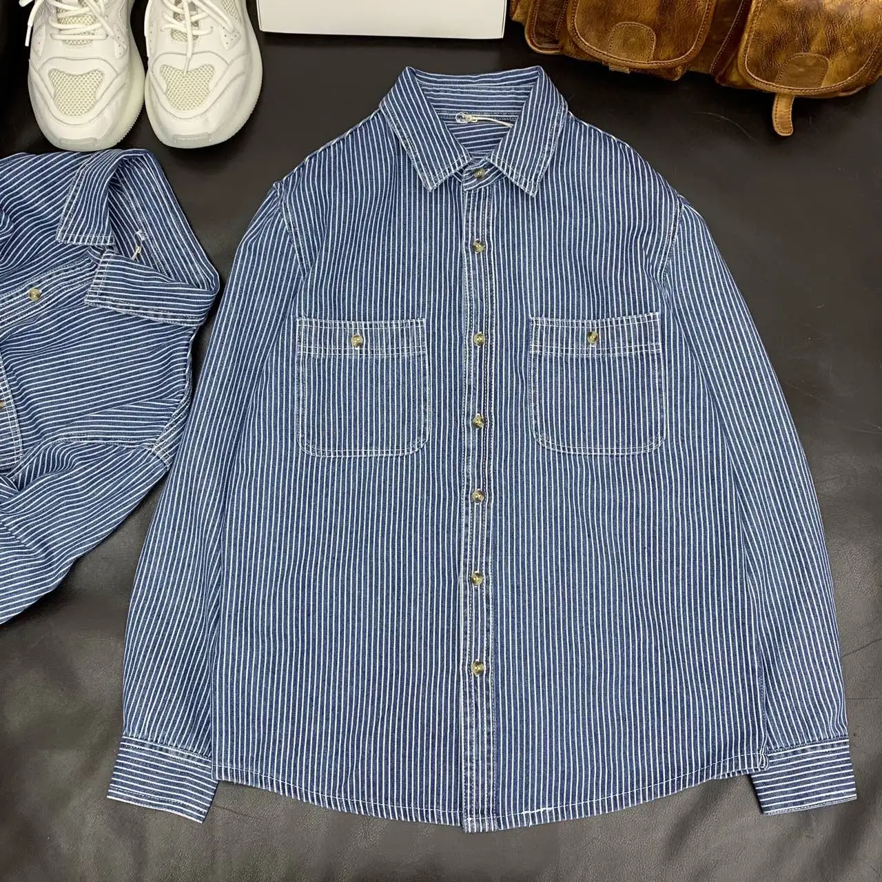 Amekaji Japanese Vintage-Style Work Shirt Heavy-Washed Pure Cotton Vertical-Striped Denim Loose Long-Sleeve Shirts for Men