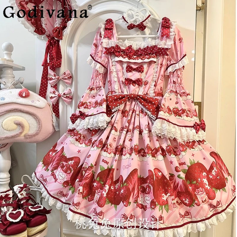 

Japanese Sweet Lolita Dresses Set OP Women Kawaii Lace Ruffles Bow Strawberry Print Tea Party Dresses Girls Y2k Princess Dress