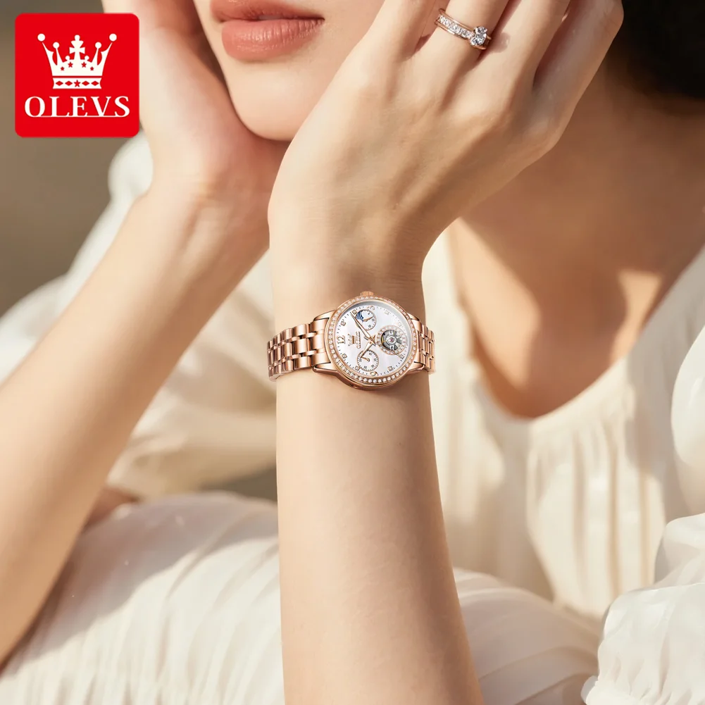 OLEVS Ladies Automatic Watch Classic Business Waterproof Steel Band Wristwatch for Women High Quality Luxury Original Brand