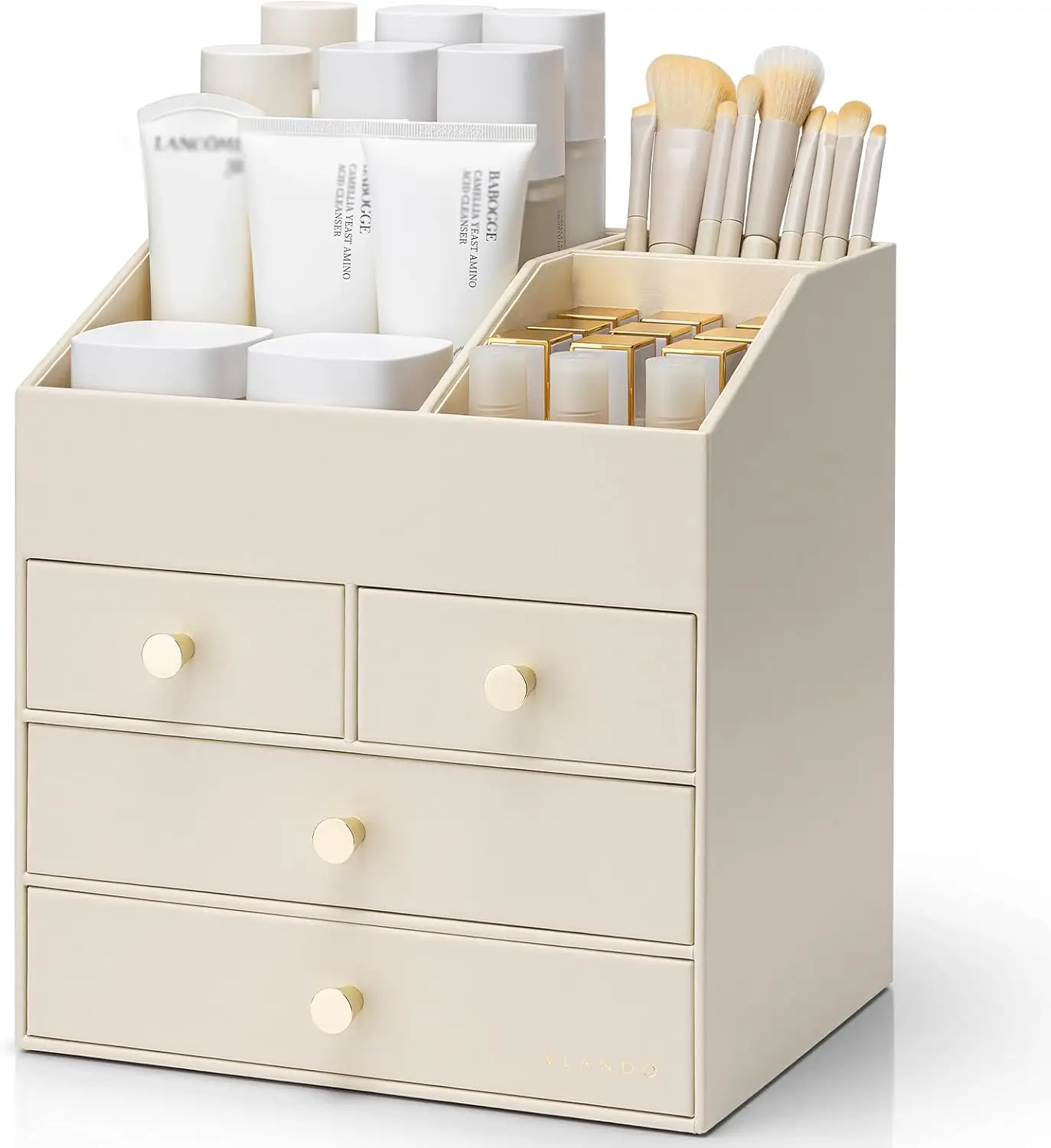 

Large Vanity Organizer with 4 Drawers, PU Leather Cosmetic Storage for Lipstick & Brushes, Beige