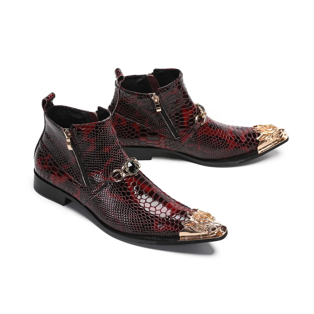 Botas de tobillo de cuero auténtico con punta metálica a la moda para hombre, botas cortas de motociclista con cremallera, zapatos de vestir para fiesta y club, tallas grandes